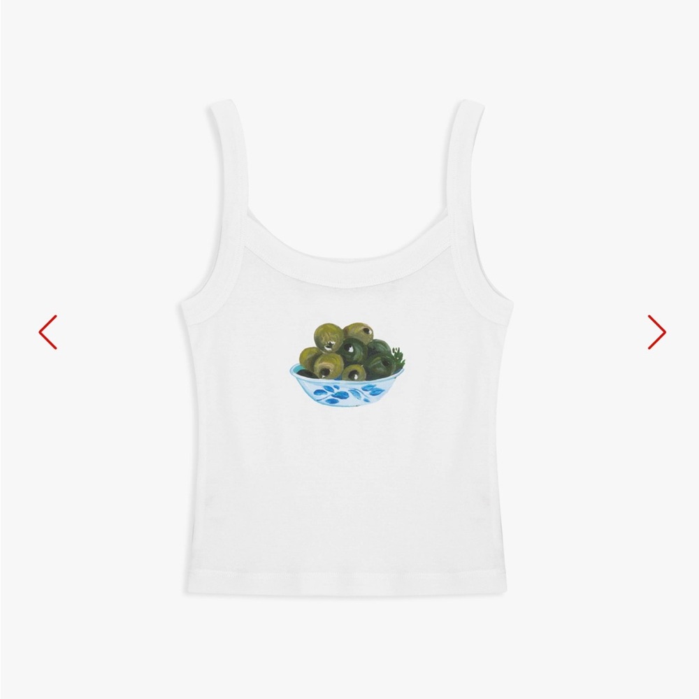 Lisa Says Gah White Tank Top with Olive Bowl Print